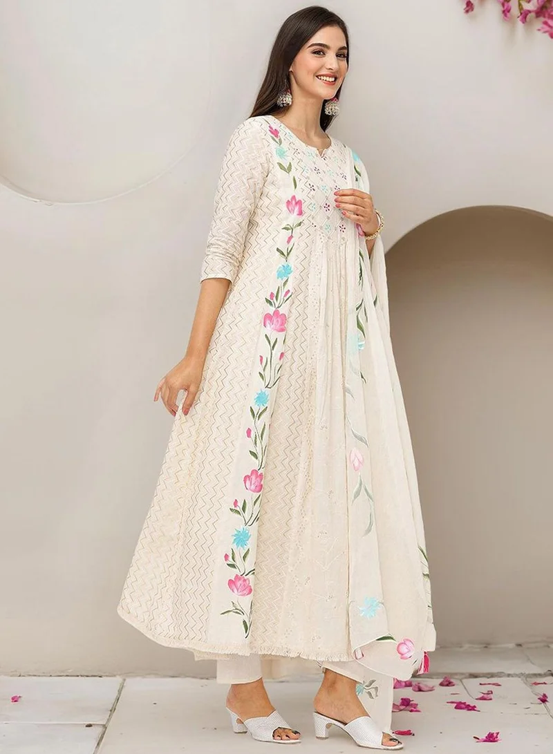آي شين Women's Off White 100% Cotton Embellished Tunic Full Length Casual Straight Fit Kurta Set